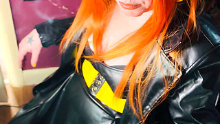 The Gothic Cutie Tina Snua Dressed In a Leather Coat & Smoking A Cork 100 Cigarette - Ginger Miss Smokes In A Leather Outfit OME