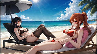 AI Gothic Beauty Meets Redhead Beauty - Beach Crossover (Eating Ice Pops)