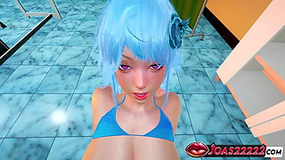 Anime Girl Sinwe with Hot Blue Hair in 3D Hentai - Indulge in Big Tits Massage with Sensual Moans, G-spot Fingering