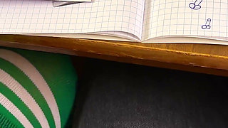 Schoolgirl Giving Him Handjob in Math Class Under the Table at College. Risky Masturbation in a Public Class.