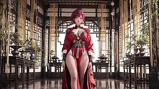Red-haired Goddess in Oriental Seduction! the Ultimate Contrast Between the Chinese Pavilion and the Pristine White Bathroom.