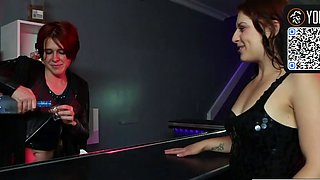 A redhead bartender and another girl with oral