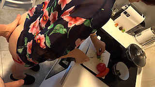 Grandma Gave a Blowjob in the Kitchen Without Taking off Her Red Panties.