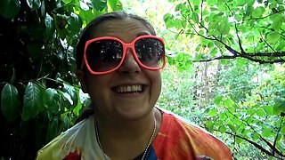 Short and thick brunette outdoor pising and public flashing