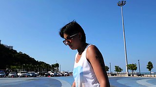 Thai skater teen relaxing on a big cock