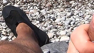 Jerking off My Boyfriend at a Beach - Quick Risky Outdoor Handjob with Huge Cumshot