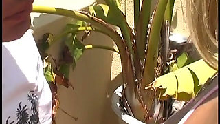 Blonde couple fuck on the patio