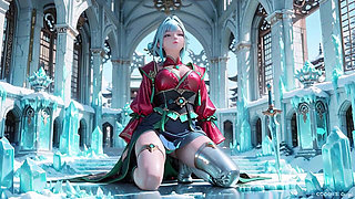 Silver-haired Maid in an Ice Palace! Red & Green Kimono, Legs Spread Wide