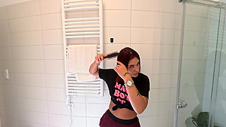 Hottest redhead ever in the bathroom touches herself in a super short college mini skirt