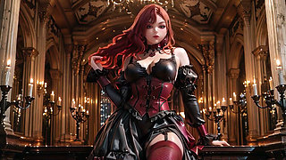 Gothic Redhead Queen! A lavish coronation in the candlelit hall, kneeling with a golden cup and sheer stockings.