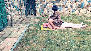 Toilet training outdoor in the grass