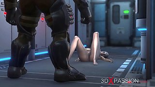 3d monster plays with a young woman in the Mars base camp