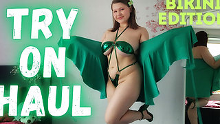 Try on Shiny Green Micro Bikini Beach Walk on Treadmill with Countdown