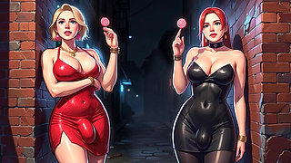 Three futanari with huge cocks seduced a guy in a nightclub and then mercilessly fucked him in a dark alley
