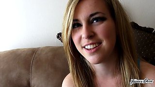 Nervous Blonde Teen Strips Naked To Have A Good First Time with James Deen