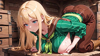 She sips beer while fixing her apron, revealing creamy cleavage.