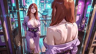 Red-haired Kimono Goddess! Kneeling Under the Sacred Torii Gate, She Adjusts Her Soaked Backless Outfit with a Shy Gaze.