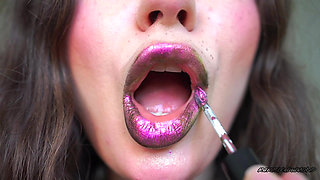 Melting Purple Metal Lips: Shiny Kisses & Messy Spit Play