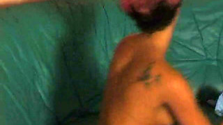 Tattooed babe with colored hair gaping and masturbating in front of cock jerking guy