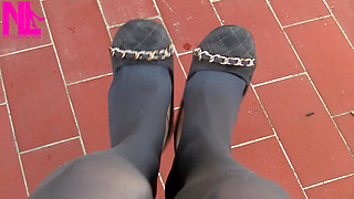 Dangling in Grey Pantyhose and Ballet Flats with Chains
