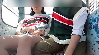 Korean teen sucks boyfriend's cock dry and clean in public