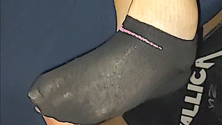 Naughty Black Nike No-show Ankle Socks Sockjob Footjob with Slipper Removal
