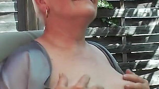 Horny Old Grandma Vera Fingers Her Unshaved Pussy Outside