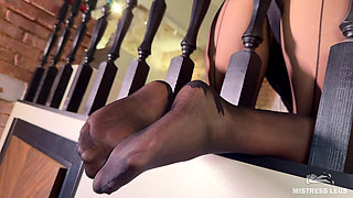 Black Pantyhose Footjob on the Banister: Teasing You From Above