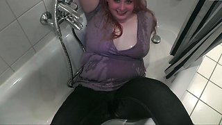 Clothed pissed on in bathtub again