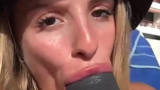 Tattooed Blonde with Big Tits and Hairy Pussy Sucks and Rides a Huge BBC Dildo by the Pool