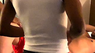 Blonde milf housewife having group sex in a kitchen