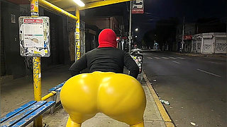 Big Ass Cousin in Tight Yellow Leggings at Bus Stop