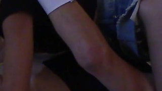 Laura with blonde pigtails and high heels throated and fucked, receives cum on her tits