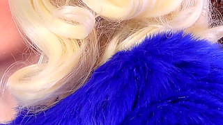 Medical nitrile white nurse gloves and fur with dark lipstick - Blonde ASMR