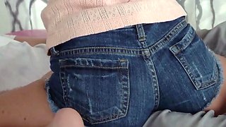 Brunette gal with immense breasts gives a DT to her brother