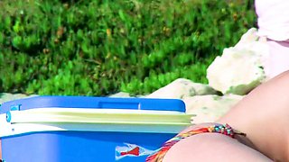 Teen nudists get naked and heat up a public beach