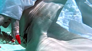 Red XXX feeling horny outside by the pool