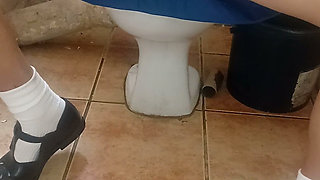 19 Year Old College Girl in Uniform Play with Vibrator in Mini Skirt in Toilet