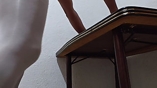 Masturbating on the table with white shiny pantyhose and white pantyhose