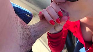 Busty wife sucks my dick in the car and swallows all the cum